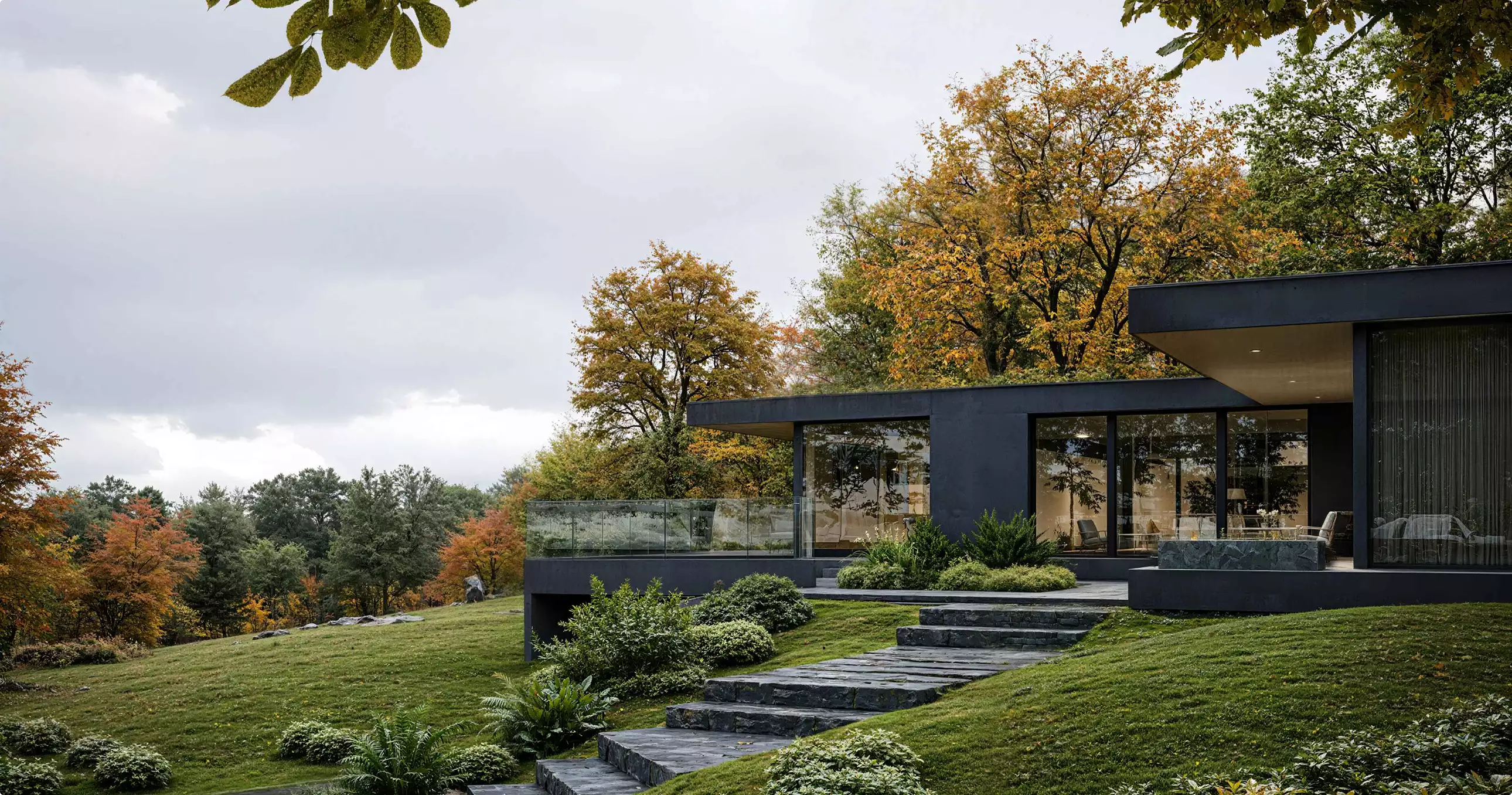 3d rendering for building permit with modern house, glass walls and steps on sloped landscape