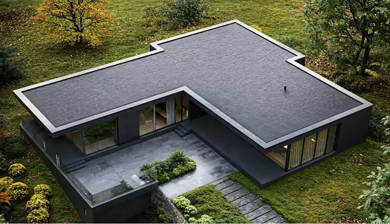 Top view 3d rendering for building permit with flat roof layout, courtyard and surrounding lawn