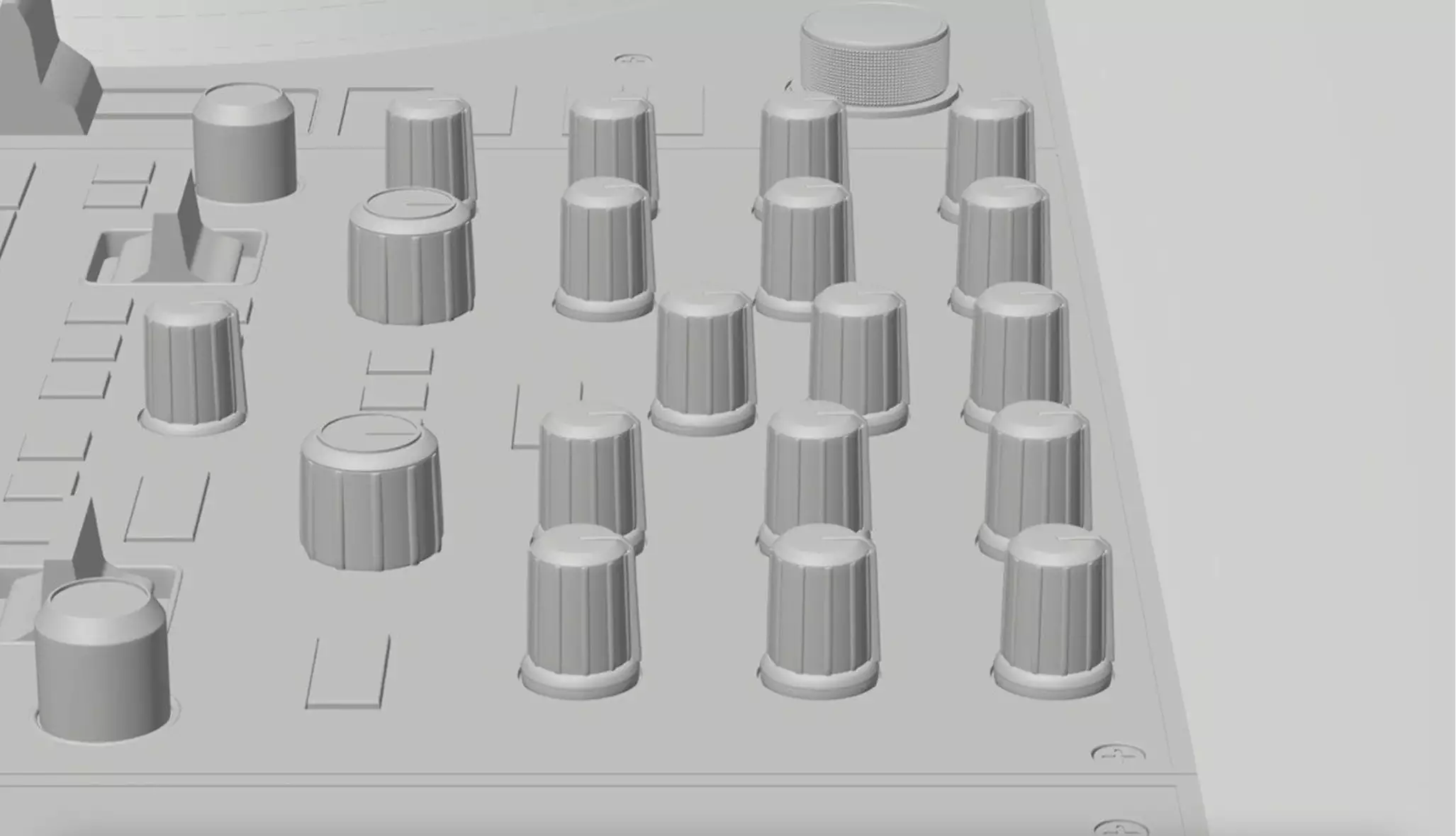 3D Rendering for Hercules DJ mixer interface with control knobs and monochrome modeling view