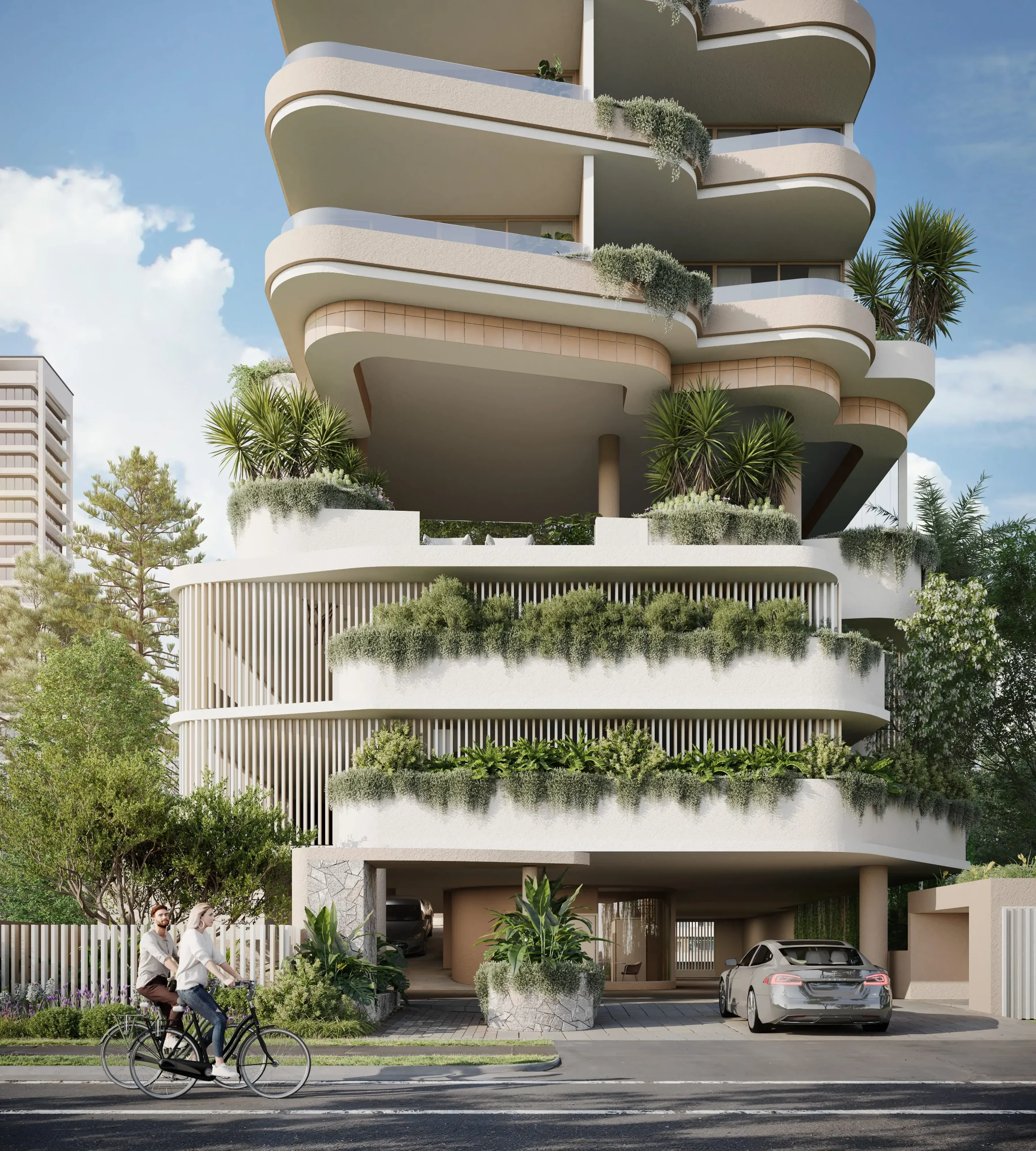 Contemporary condo 3D rendering Miami with curved terraces, greenery, and street level view