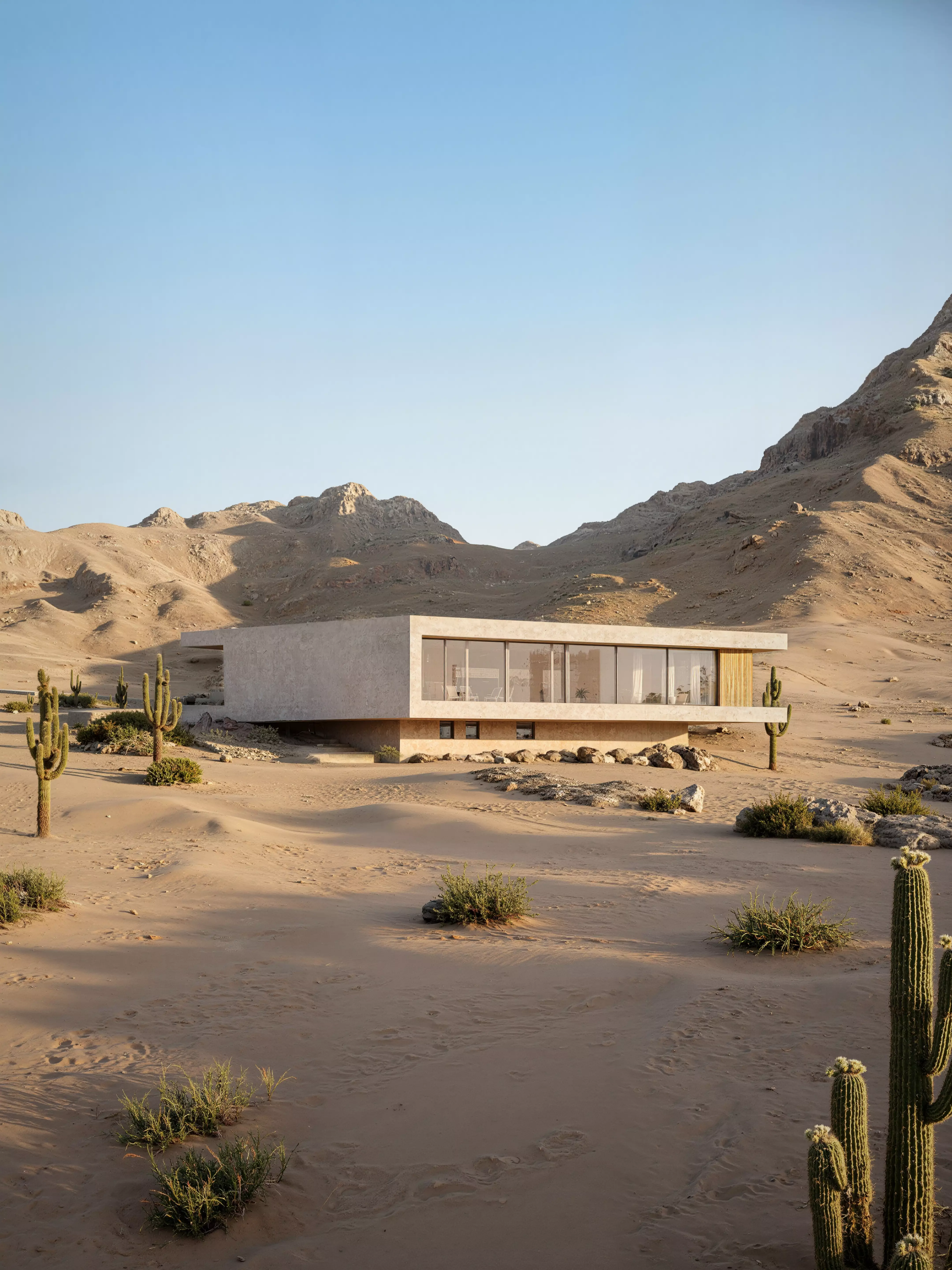 Minimal desert house 3D rendering Miami with flat roof, glass facade, and arid landscape