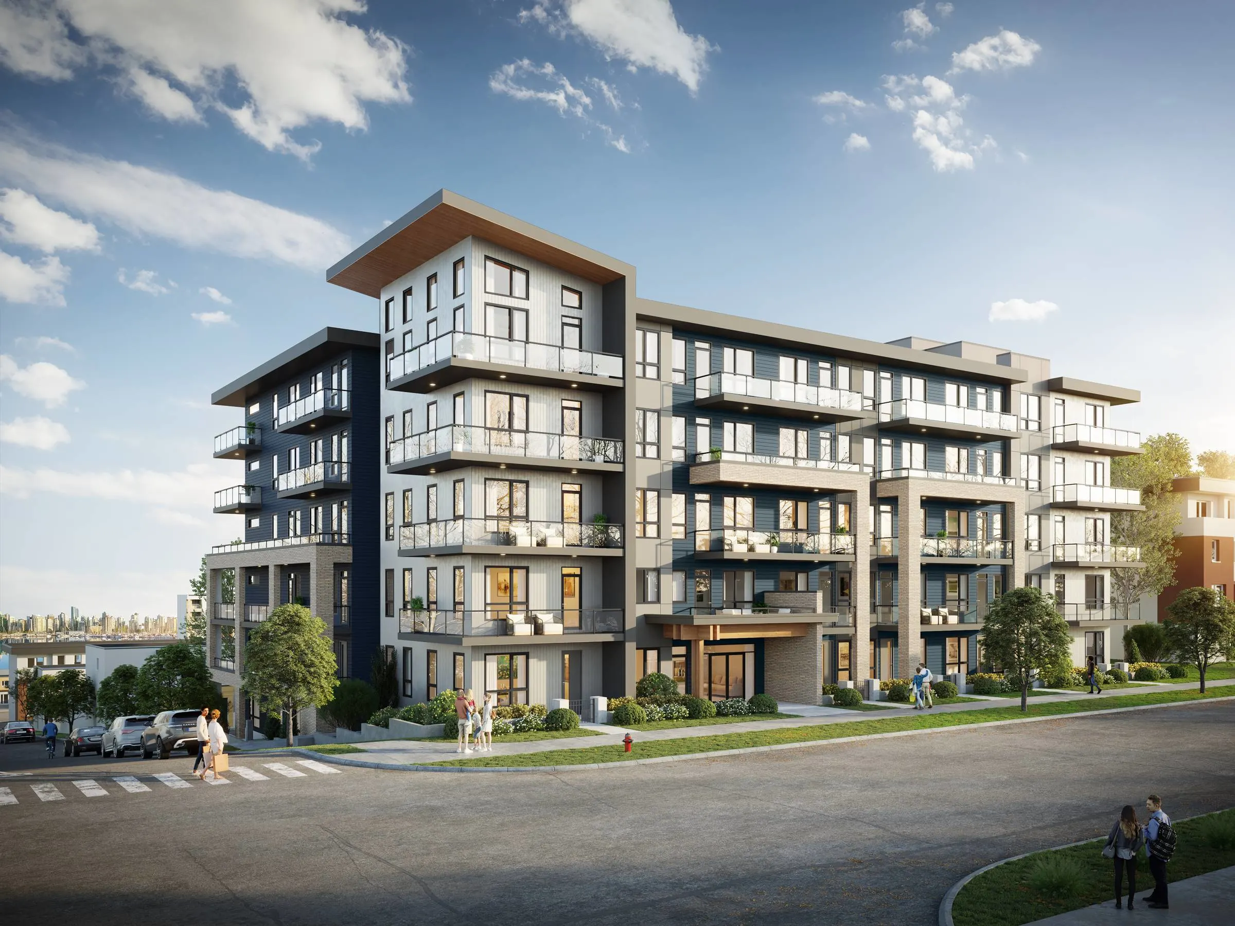 Mid rise apartment 3D rendering Miami with balconies, street corner, and residential setting