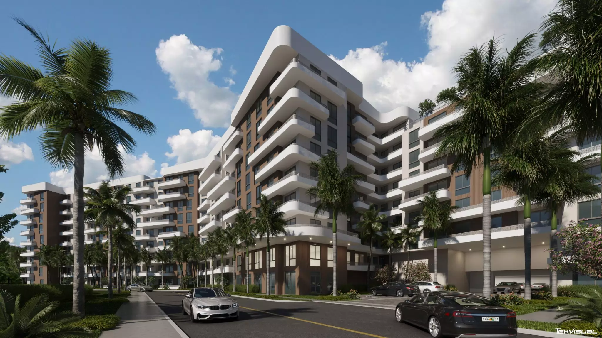 Modern condo building 3D rendering Miami with curved balconies, palm trees, and street view