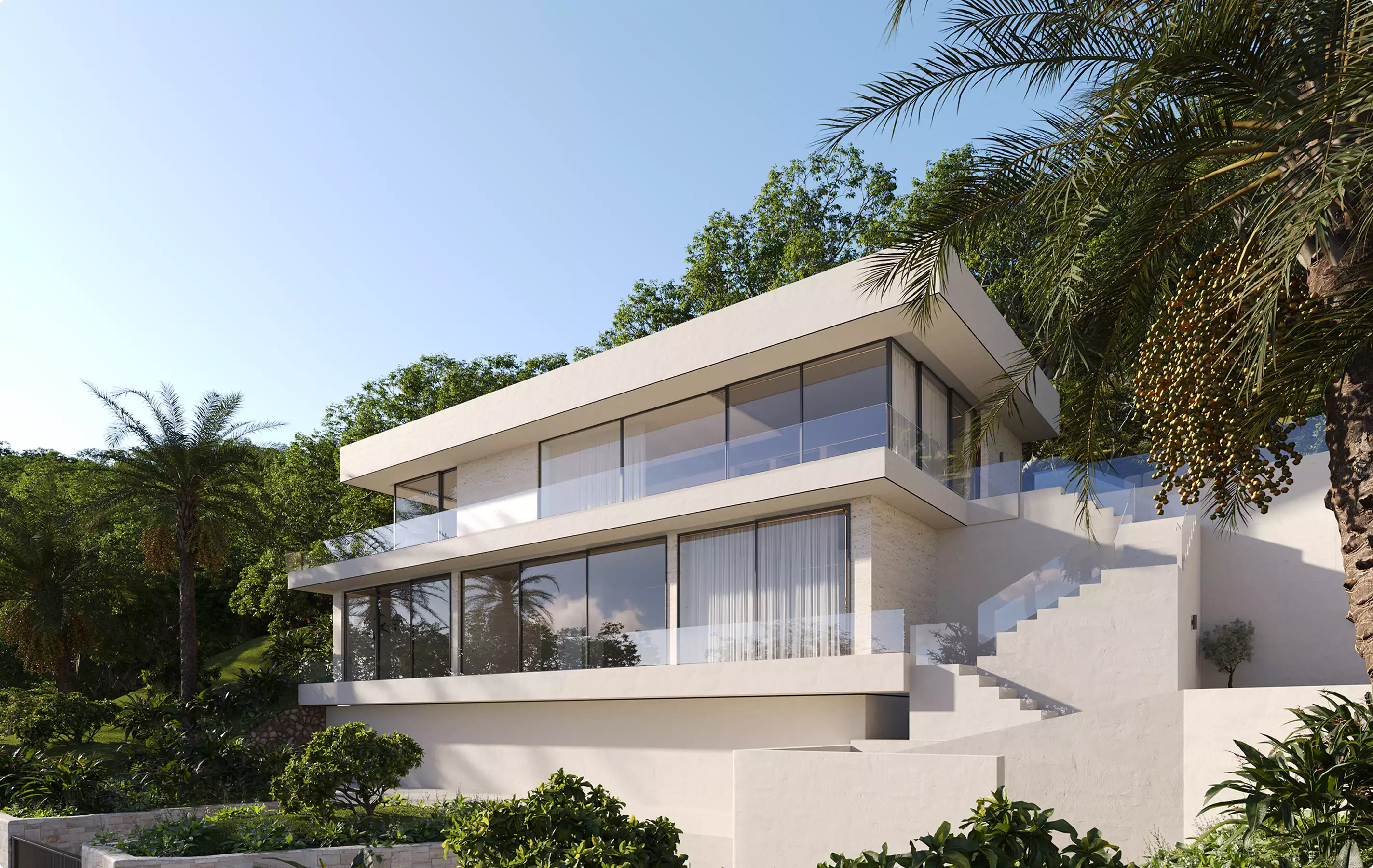Modern hillside villa 3D rendering Miami with glass walls, lush greenery, and elevated structure