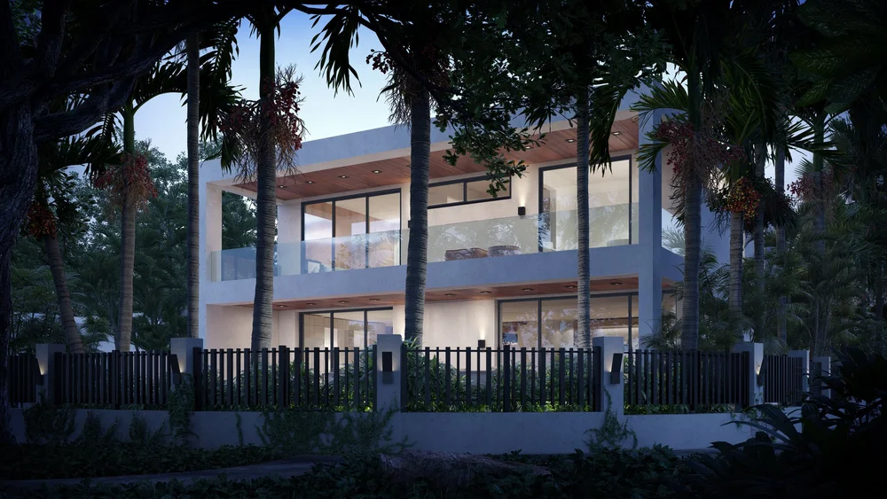 Modern luxury home 3D rendering Miami at night with lit interior, palm trees, and gated exterior