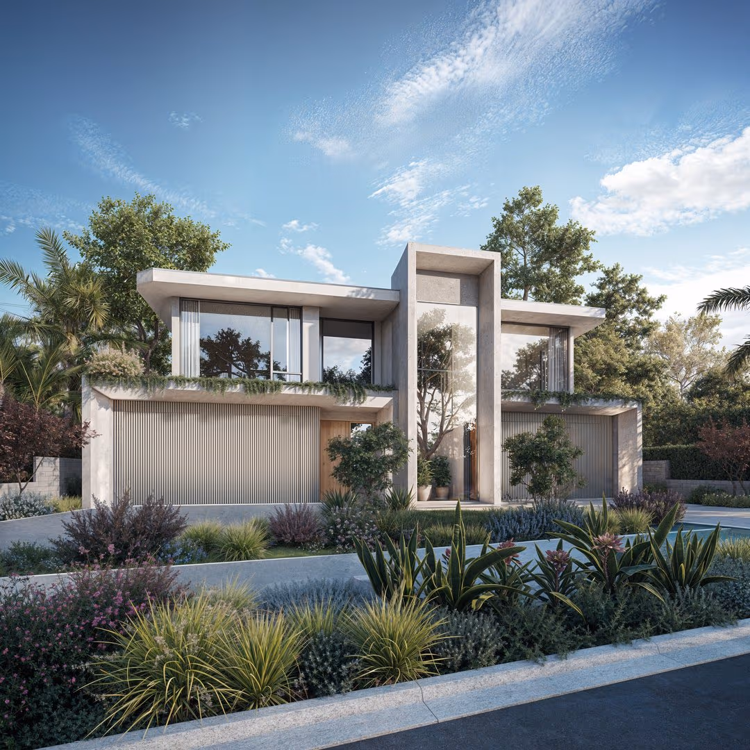 Modern luxury home 3D rendering Miami with glass facade, landscaped garden, and flat roof design