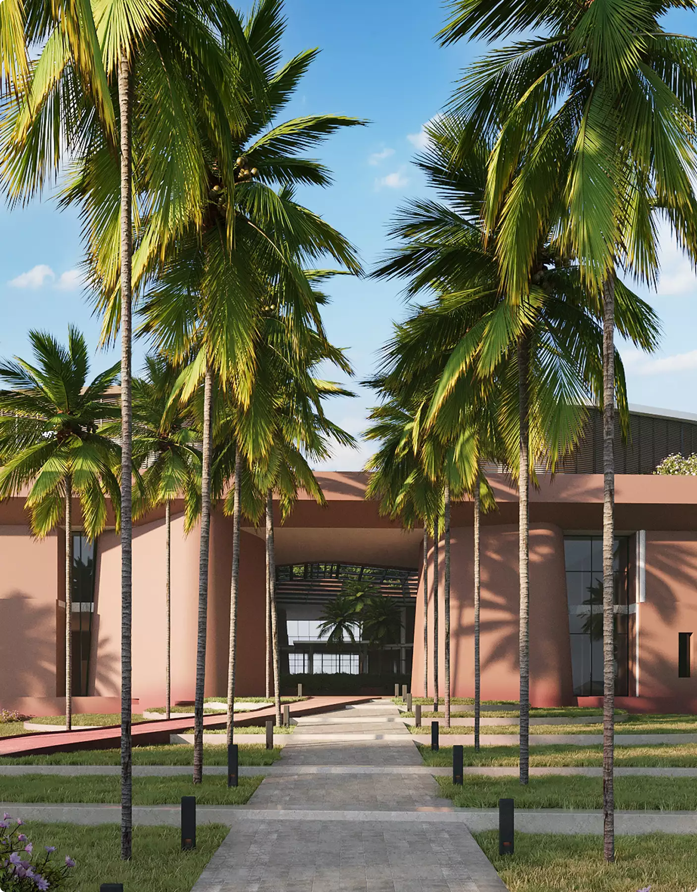 Palm tree entrance 3D rendering Miami with walkway, tropical landscape, and modern building facade