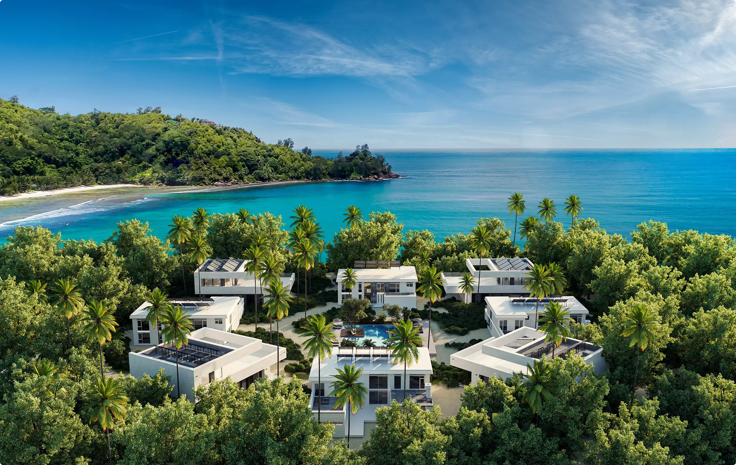 Tropical resort villas 3D rendering Miami aerial with ocean view, palm trees, and modern homes