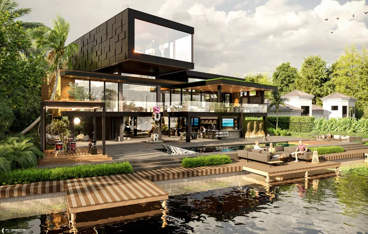 Luxury waterfront home 3D rendering Miami with pool, deck seating, and modern glass architecture