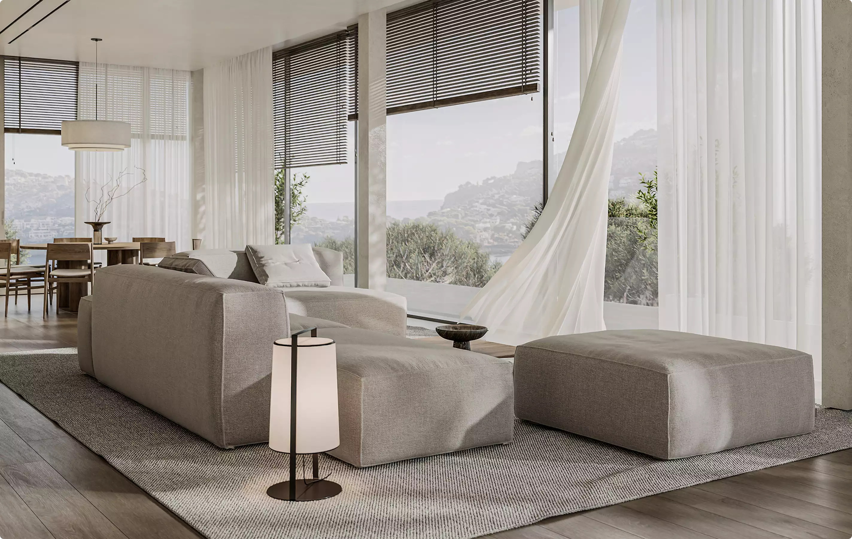 3D Residential Rendering Services showing bright living room with panoramic windows and soft curtains