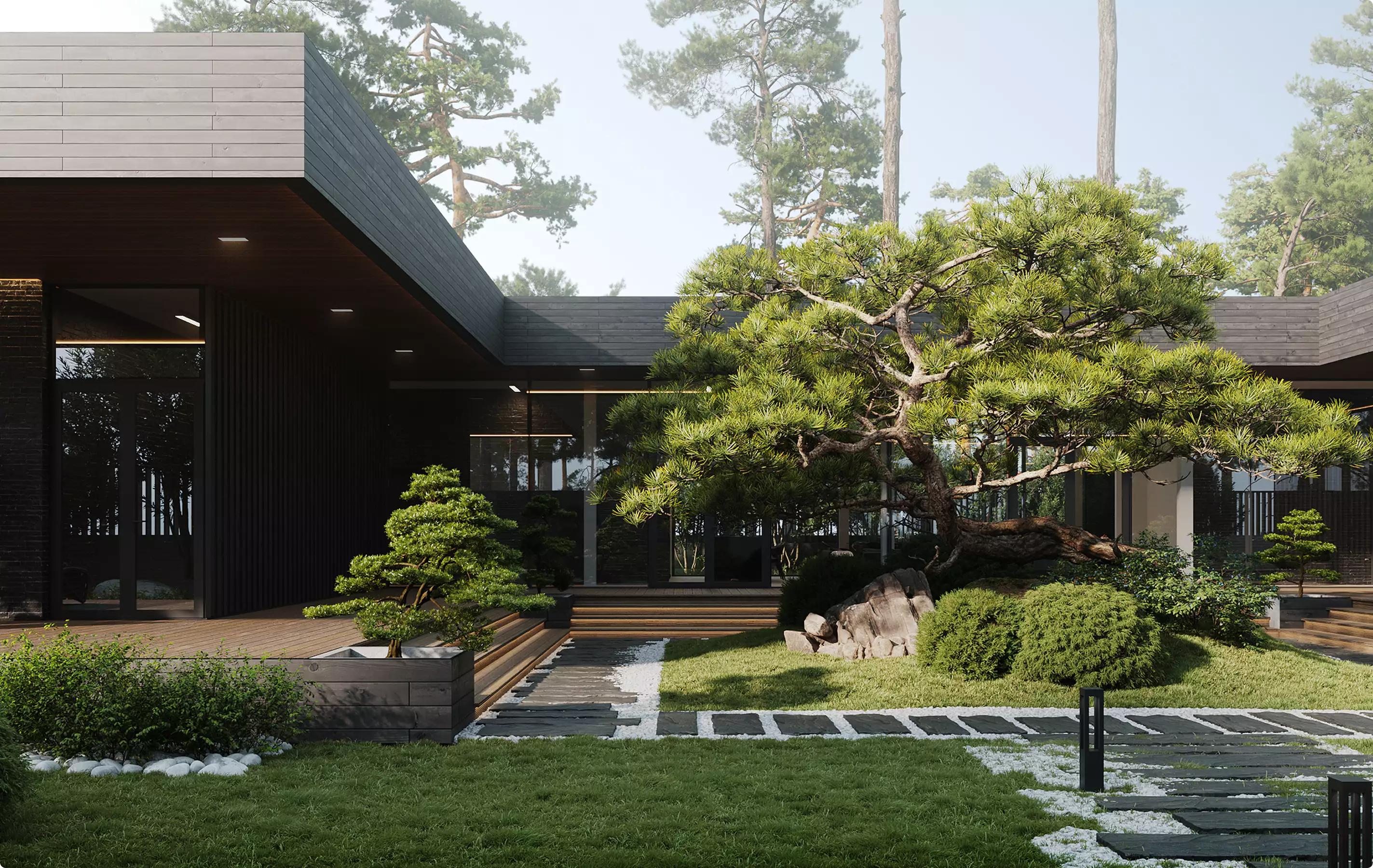 3D Residential Rendering Services for modern courtyard house with bonsai garden and stone pathway