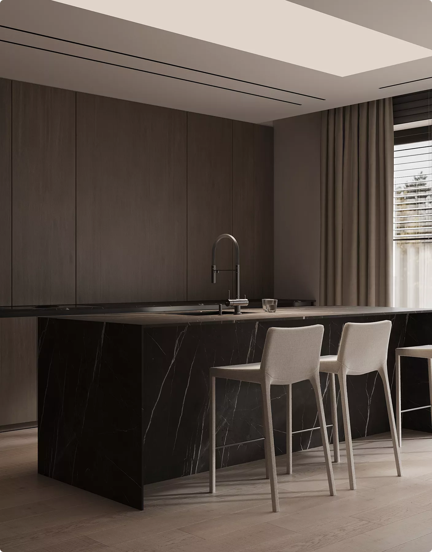 3D Residential Rendering Services for dark modern kitchen with marble island and bar stools