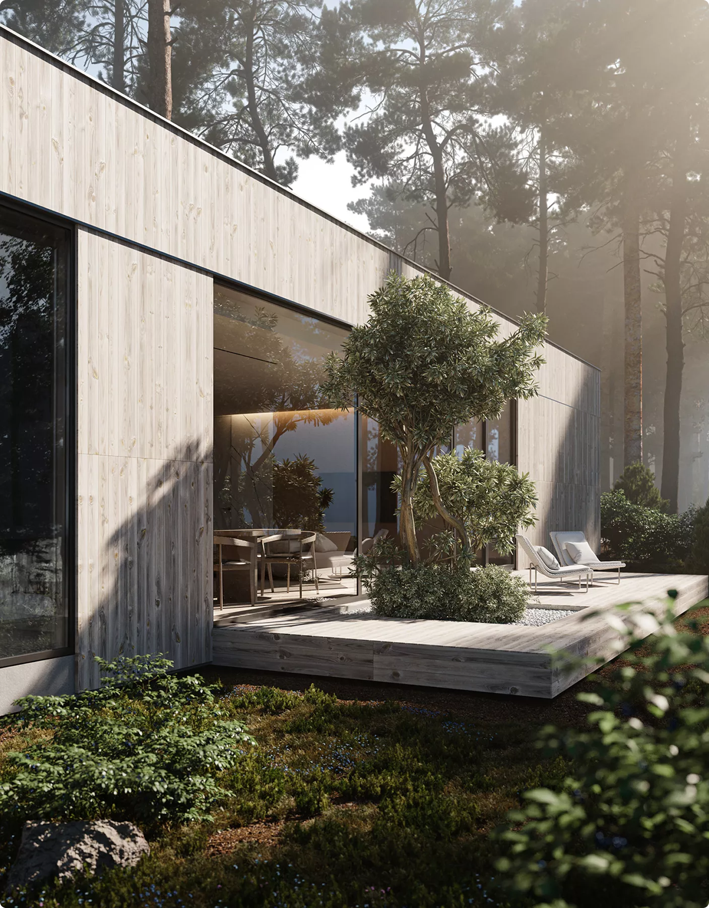 3D Residential Rendering Services featuring wood-clad home surrounded by forest landscape