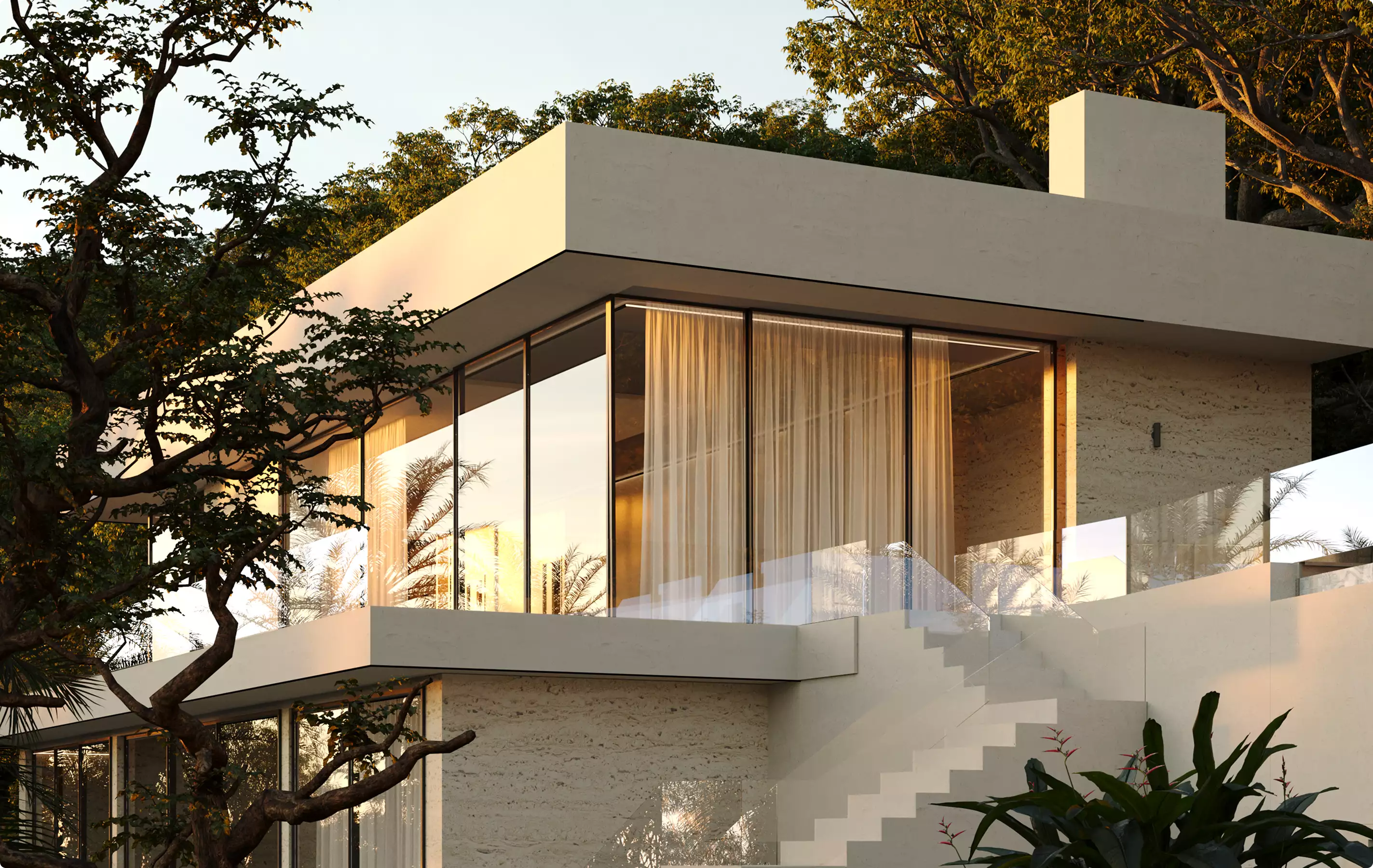 3D Residential Rendering Services featuring modern villa with glass facade at sunset