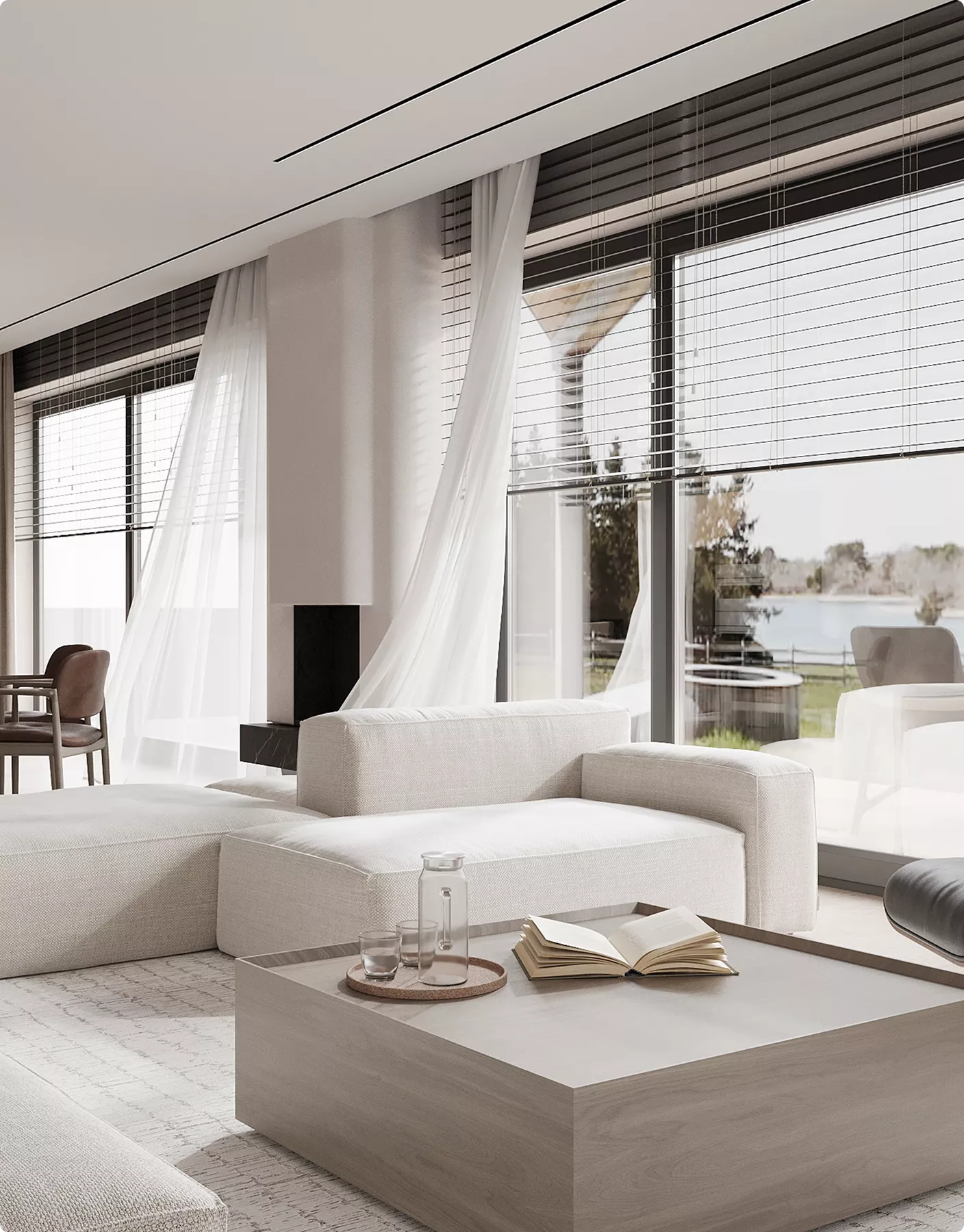 3D Residential Rendering Services showing airy living room with white sectional and lake view