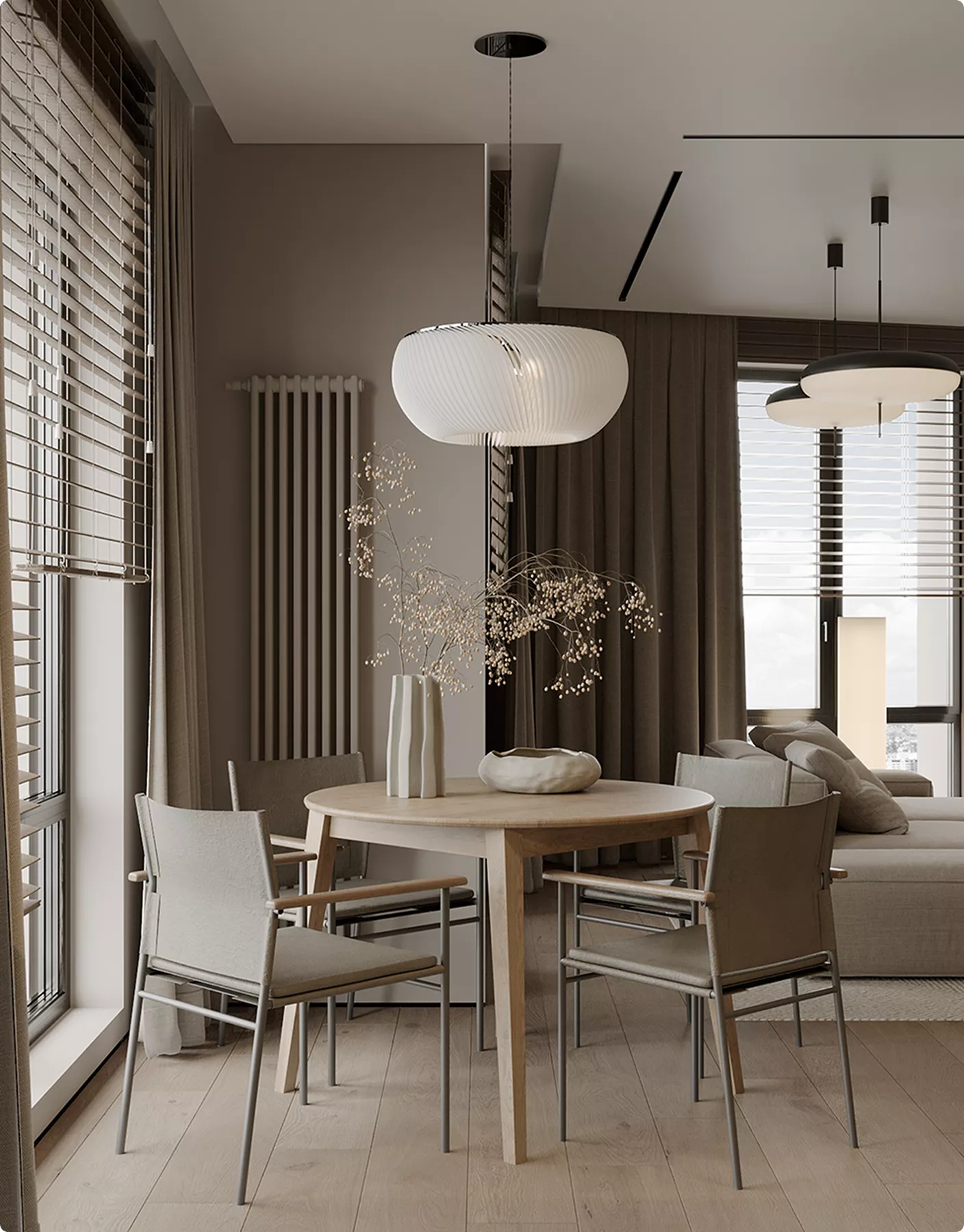 3D Residential Rendering Services for modern dining area with round table and pendant lighting