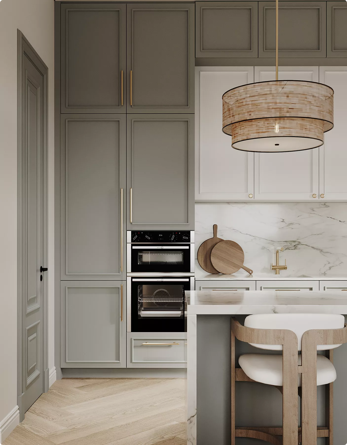 3D Residential Rendering Services for elegant kitchen with marble island and pendant light