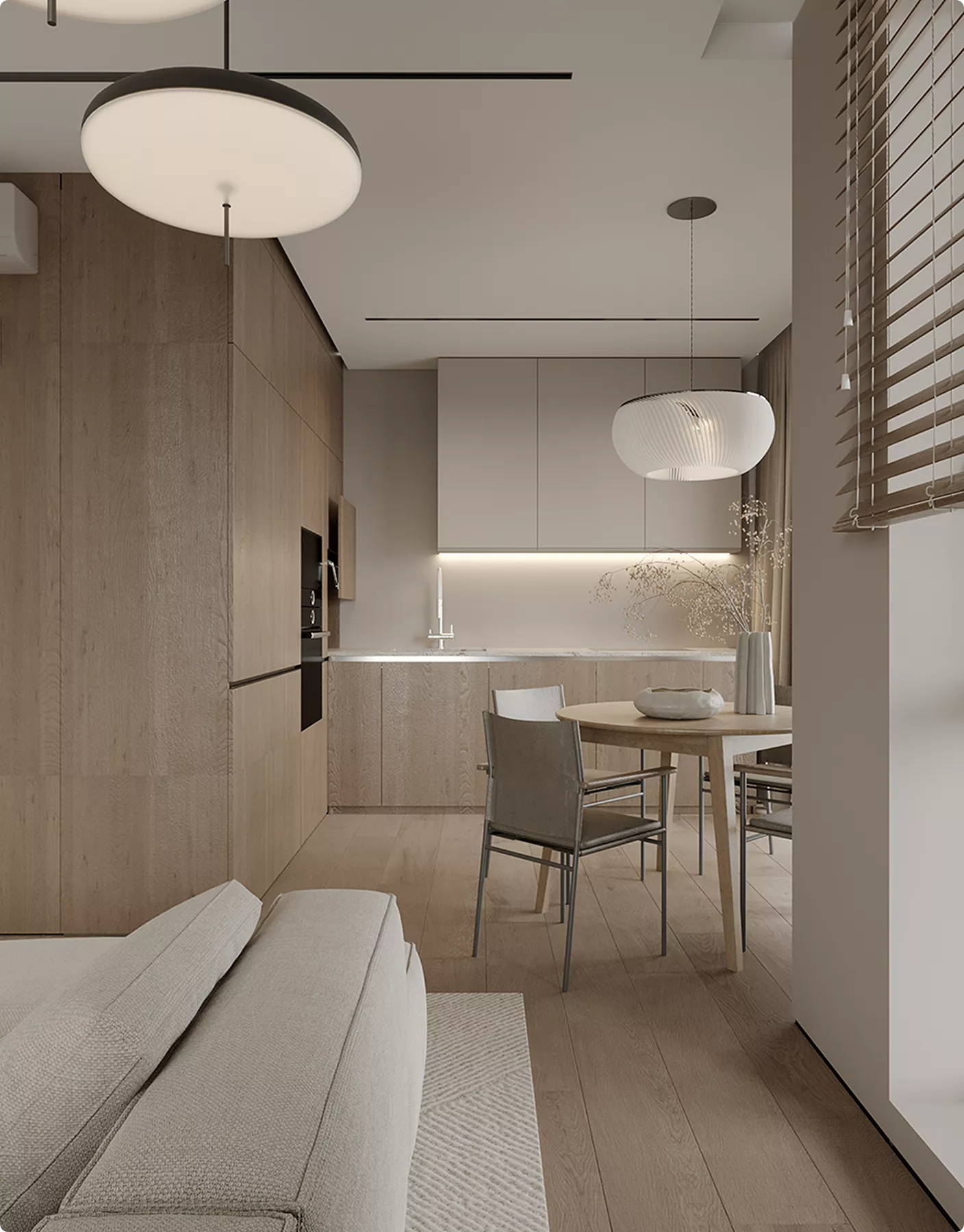 3D Residential Rendering Services featuring open kitchen and dining space with neutral tones