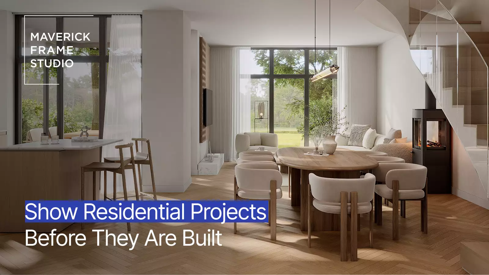 3D residential rendering services promo slide of open-plan interior with logo and project headline