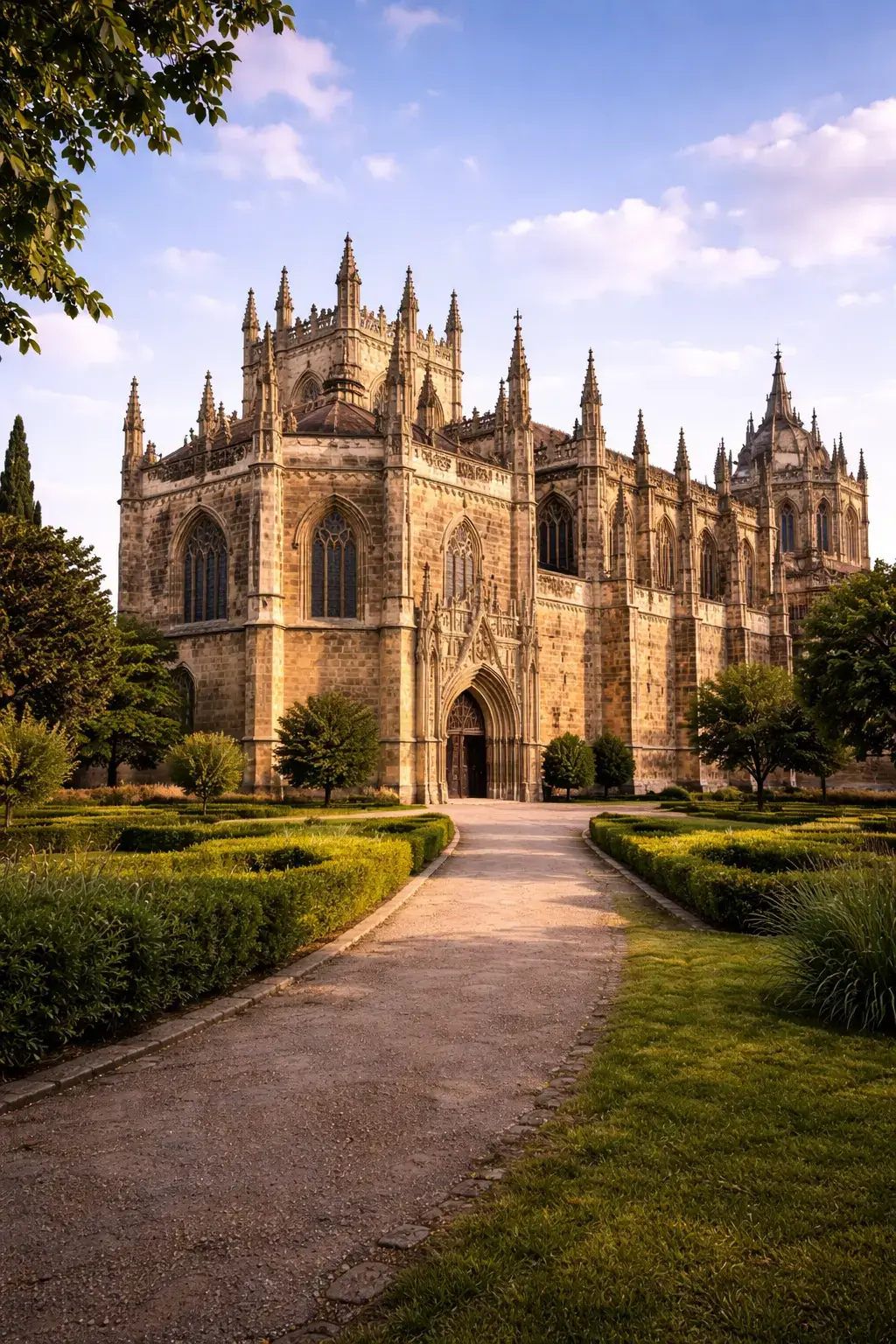 Gothic cathedral seen from an angle with flying buttresses, pinnacles, and a formal garden path