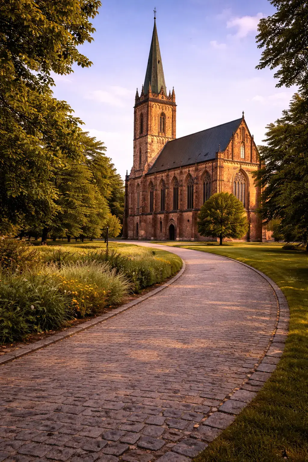 Brick Gothic church with a tall spire, lancet windows, and a winding cobblestone path through trees