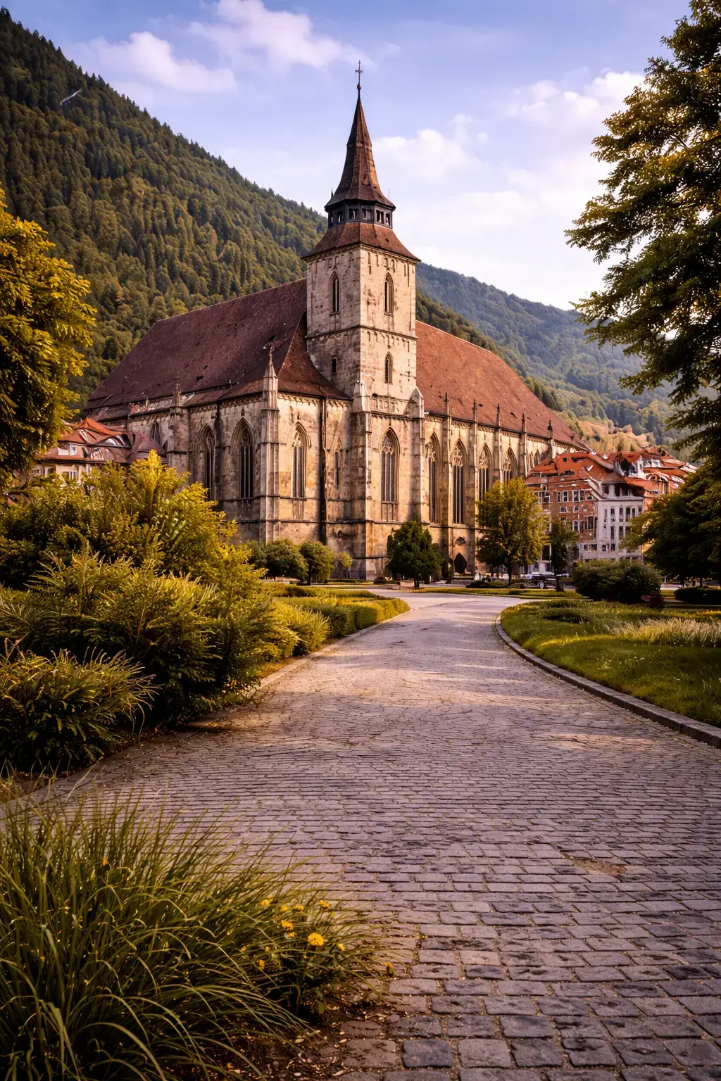 Brick Gothic church with a steep roof and tower, framed by mountains and a winding stone path