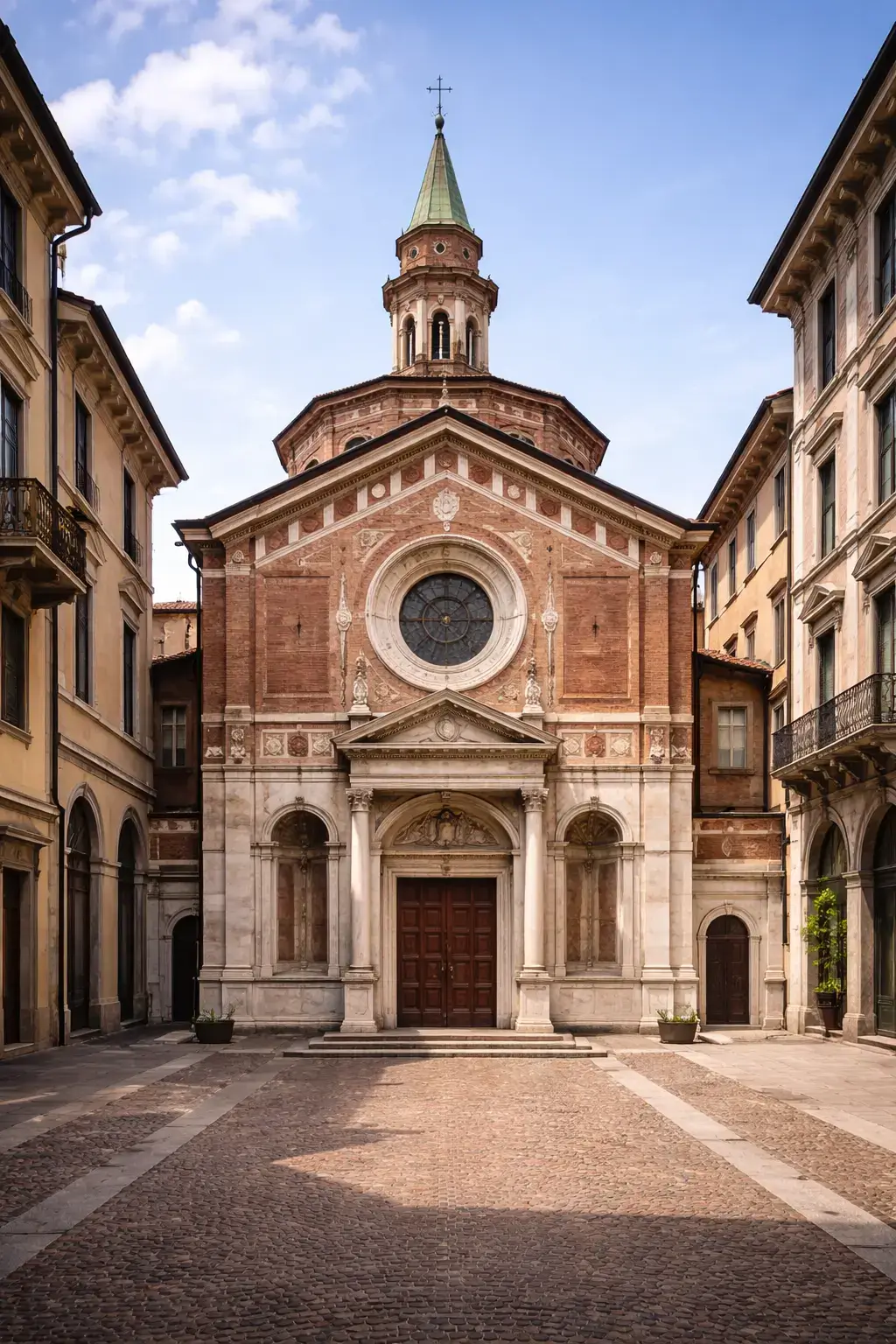 Brick Renaissance church facade with a rose window, pilasters, and a tall lantern tower