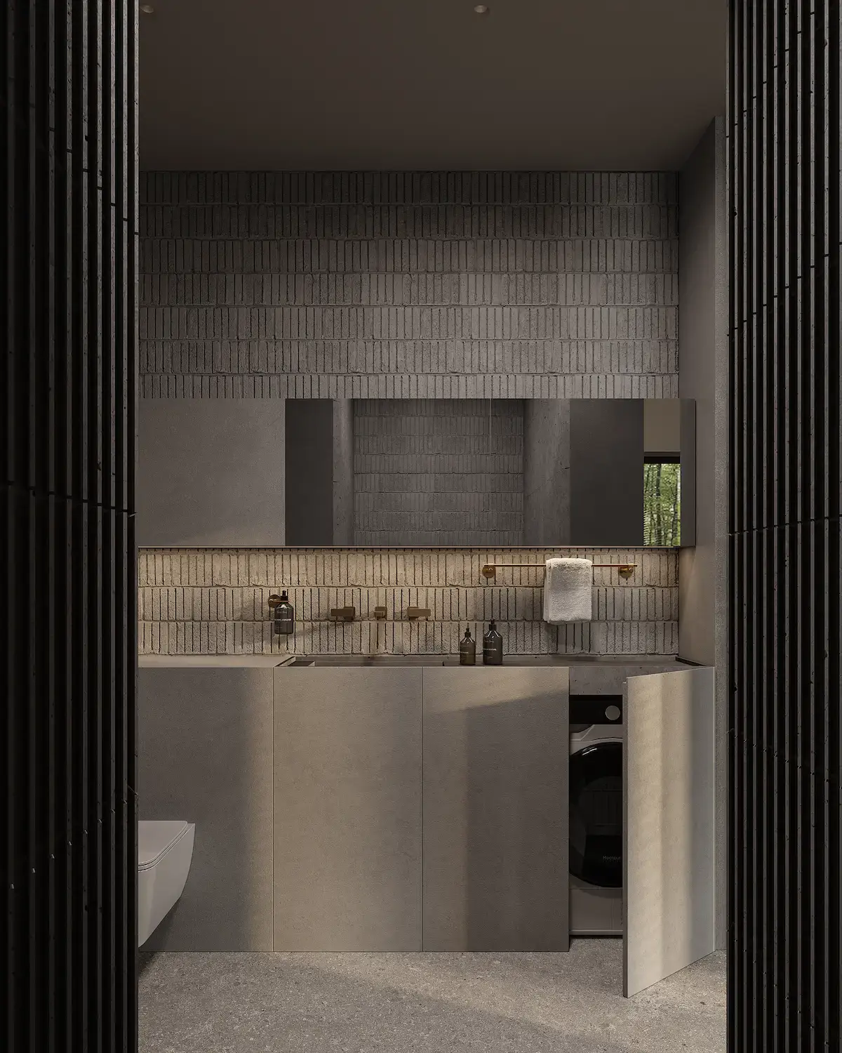 minimalist modular home bathroom with textured tile wall, floating vanity, and hidden laundry unit