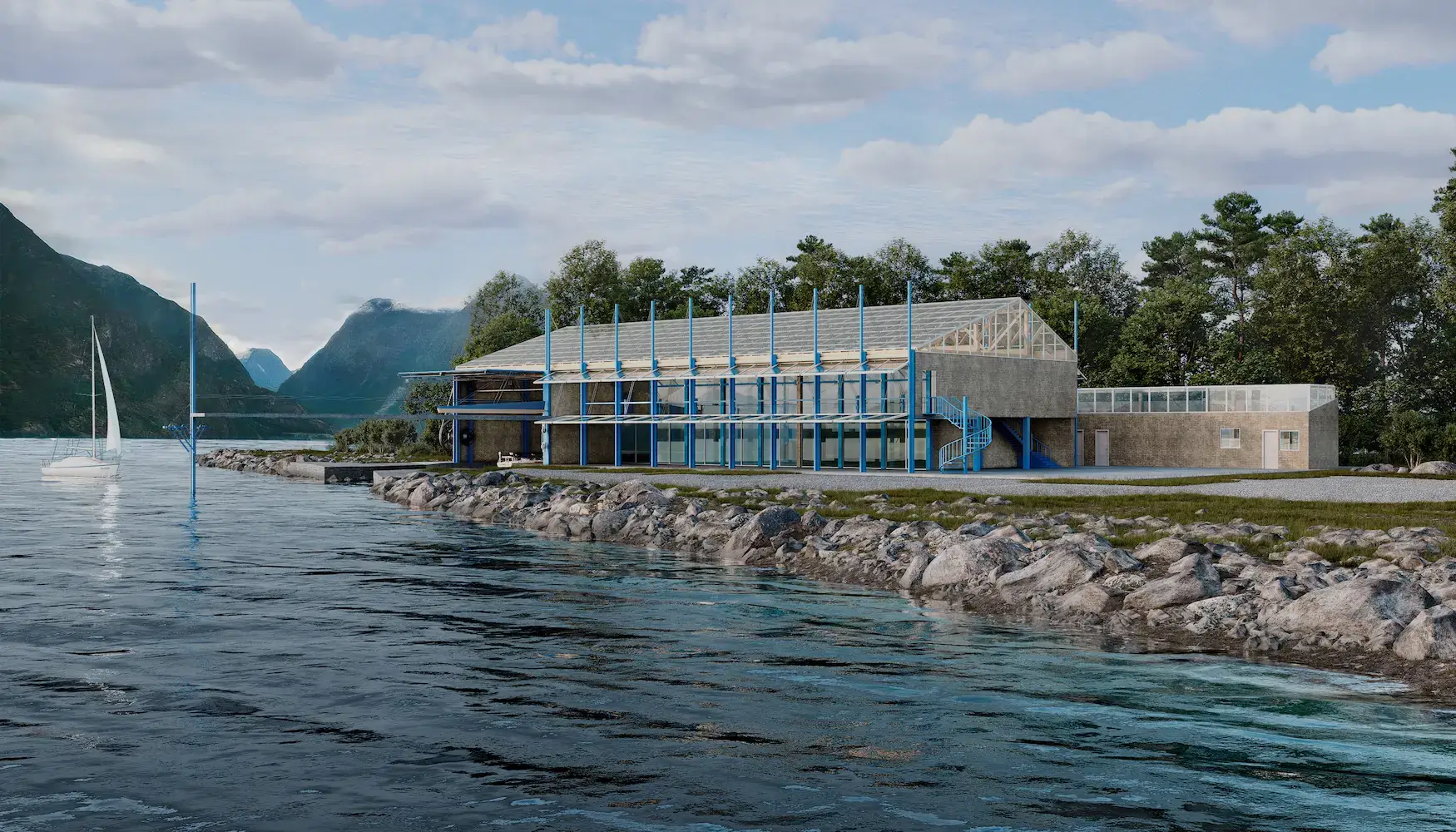 Contemporary prefabricated building on a waterfront site with large glazed facade