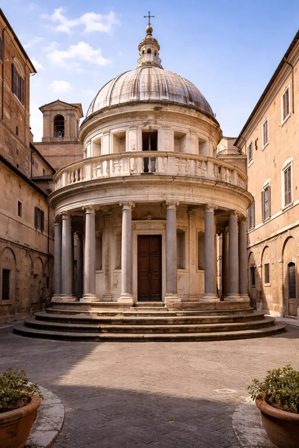 Small circular Renaissance chapel with classical columns, a dome, and a central doorway