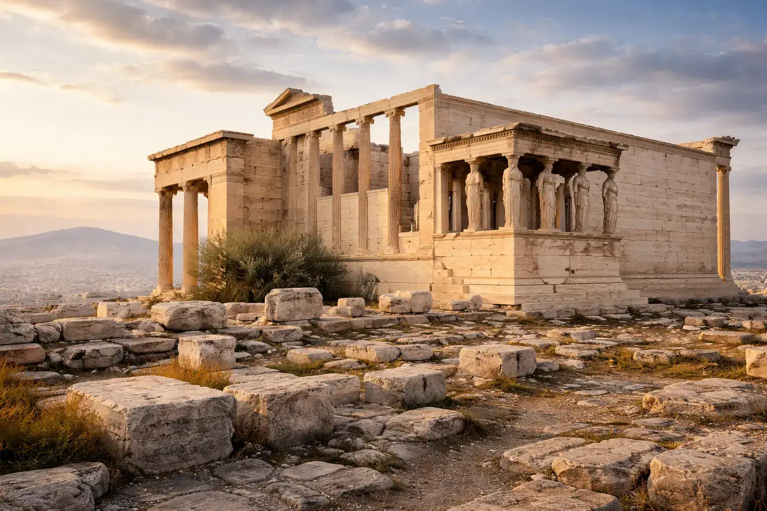 The Erechtheion on the Acropolis showing columns and sculptural order in classical Greek architecture