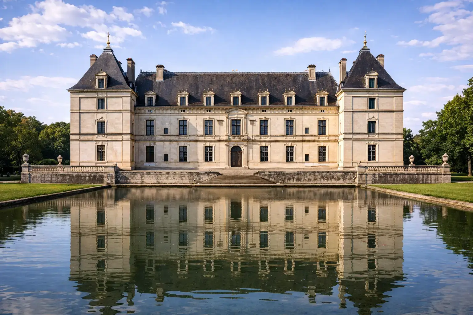 French Renaissance chateau with classical symmetry reflected in a formal water basin