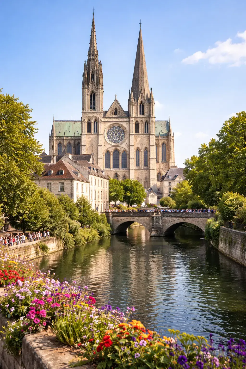 Gothic cathedral with twin spires rising above a river, bridge, and flowers in the foreground