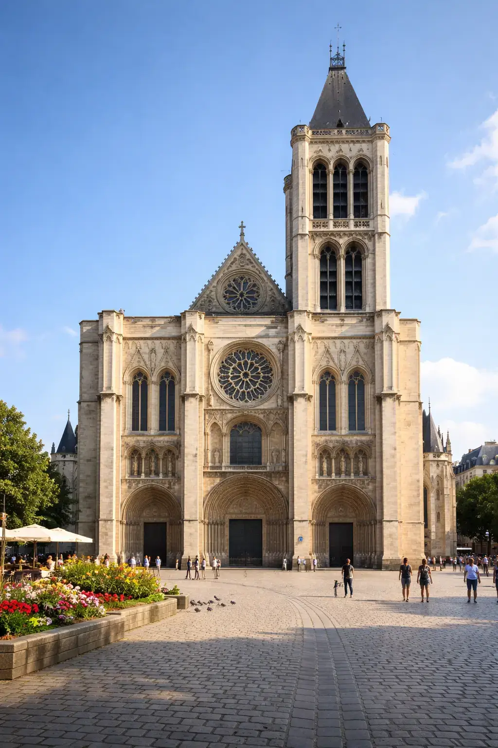 Front facade of a Gothic cathedral with a rose window, pointed arches, and a tall central tower