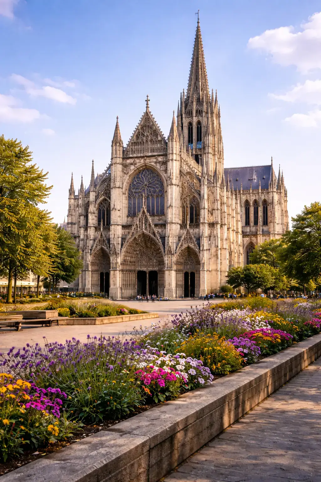 White stone Gothic cathedral with a tall central spire, pointed arches, and flowers in the foreground