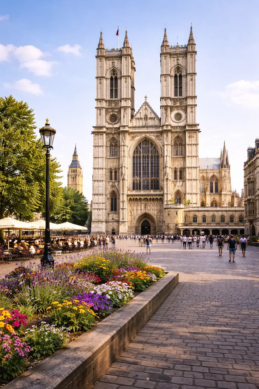 Light stone Gothic church facade with twin towers, pointed arch entrance, and a cobblestone square