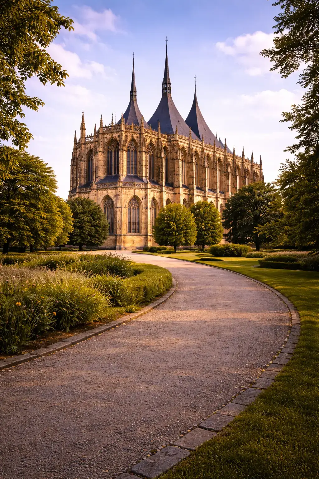 Large Gothic church with pinnacles and stained-glass windows, approached by a curved garden path.