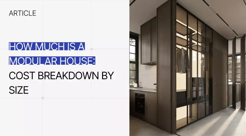 article cover for a modular house cost guide with modern interior rendering
