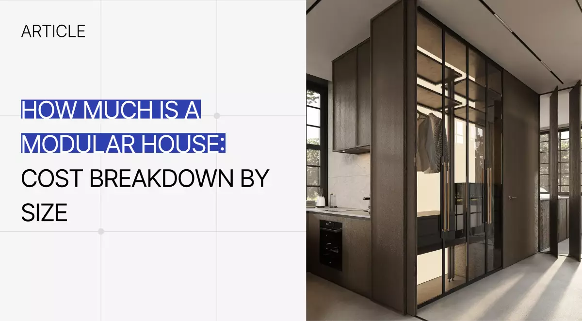 article cover for a modular house cost guide with modern interior rendering