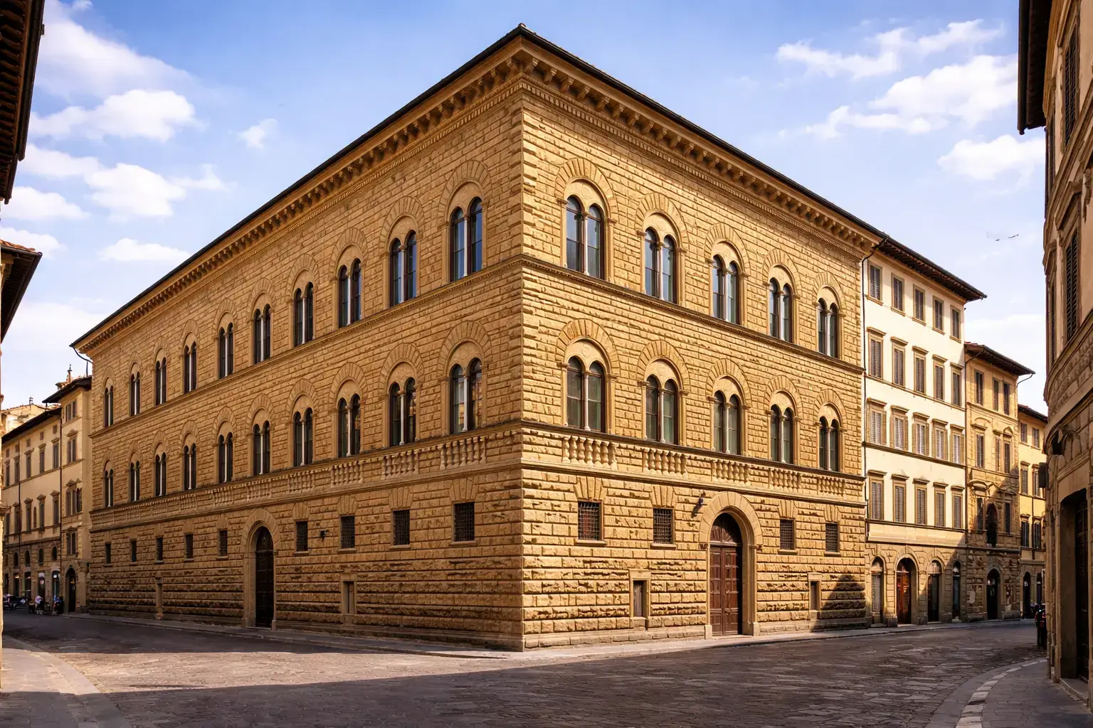Italian Renaissance palace with a rusticated lower story and evenly spaced arched windows