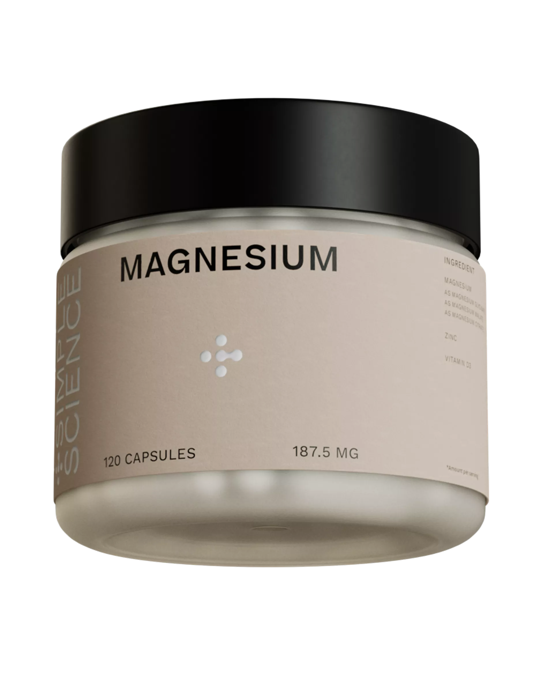 Magnesium supplement capsules jar with black lid, 120 capsules, and 187.5 mg label