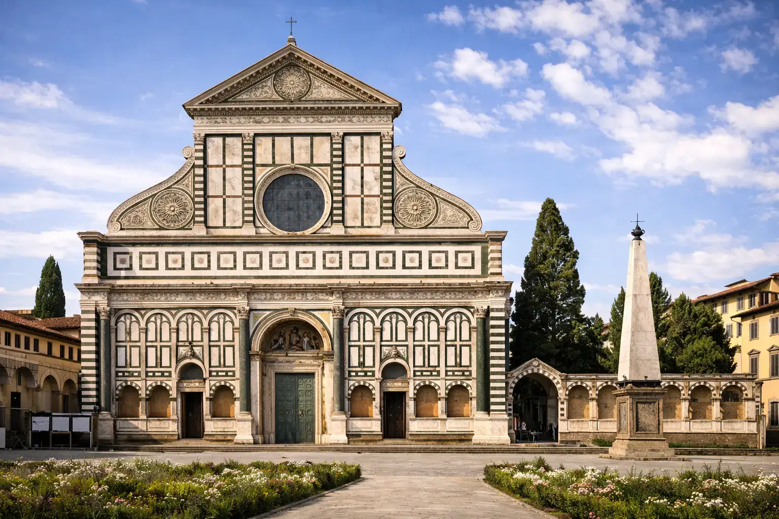 Renaissance church facade with geometric marble patterns, a round window, and classical symmetry