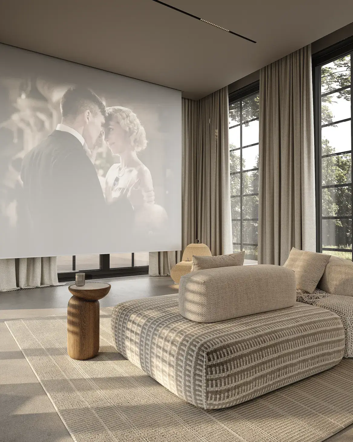 minimalist modular home living room with projector screen and soft lounge seating