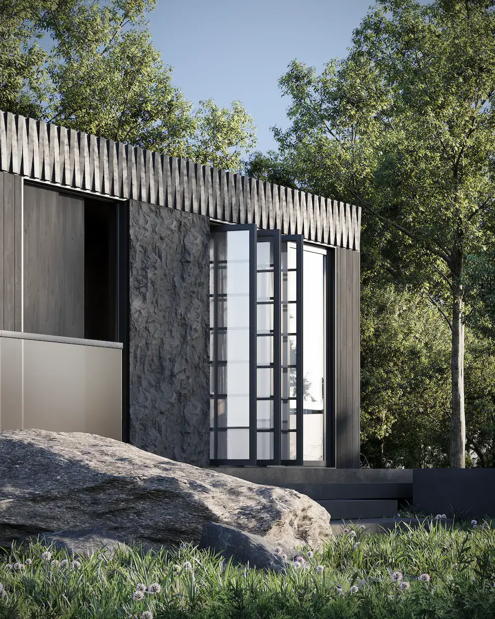 close-up of modular house facade with folding glass doors and dark cladding