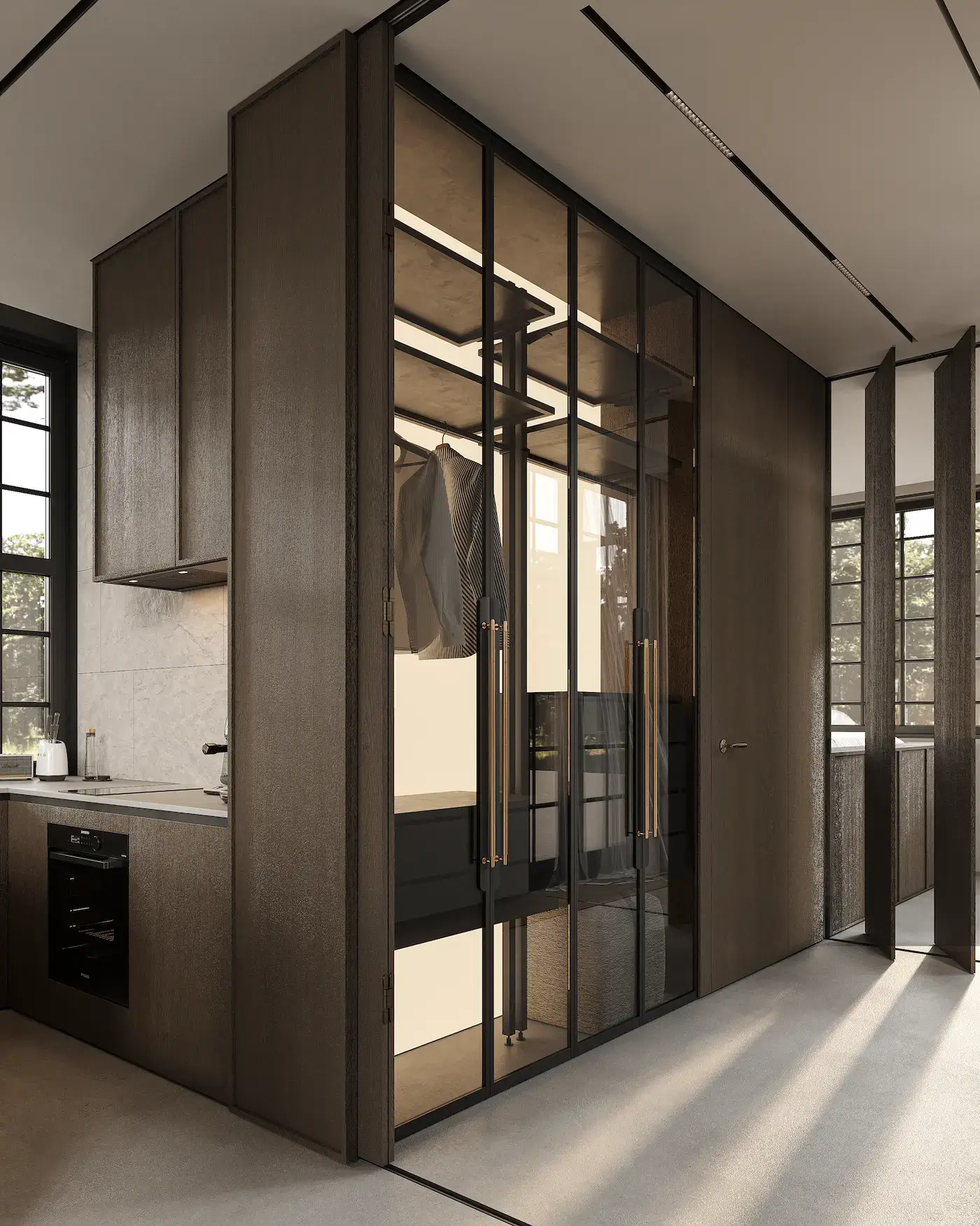 modular home interior with dark wood kitchen and glass wardrobe partition