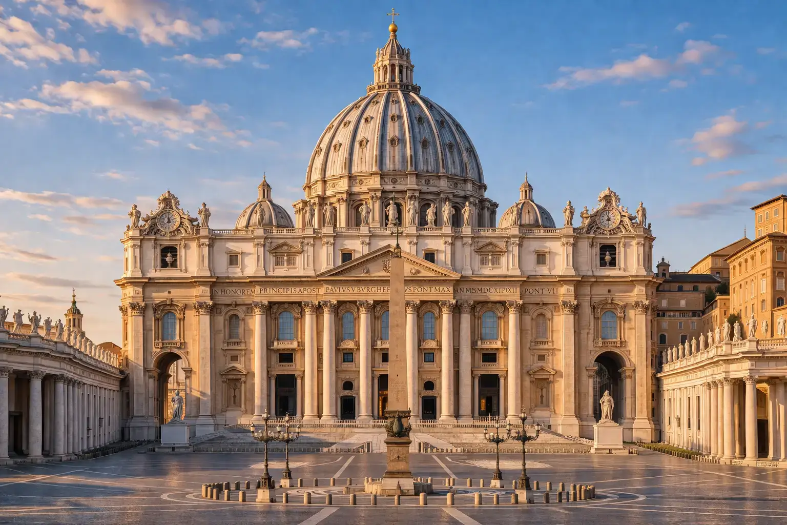 Grand Renaissance basilica with a monumental facade, colonnades, and a large central dome