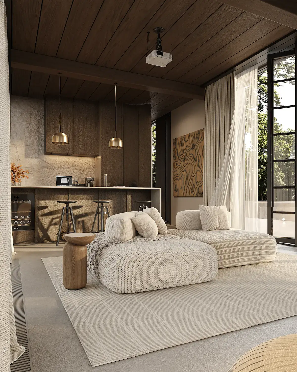 modern modular home interior with lounge seating, kitchen island, and floor-to-ceiling windows