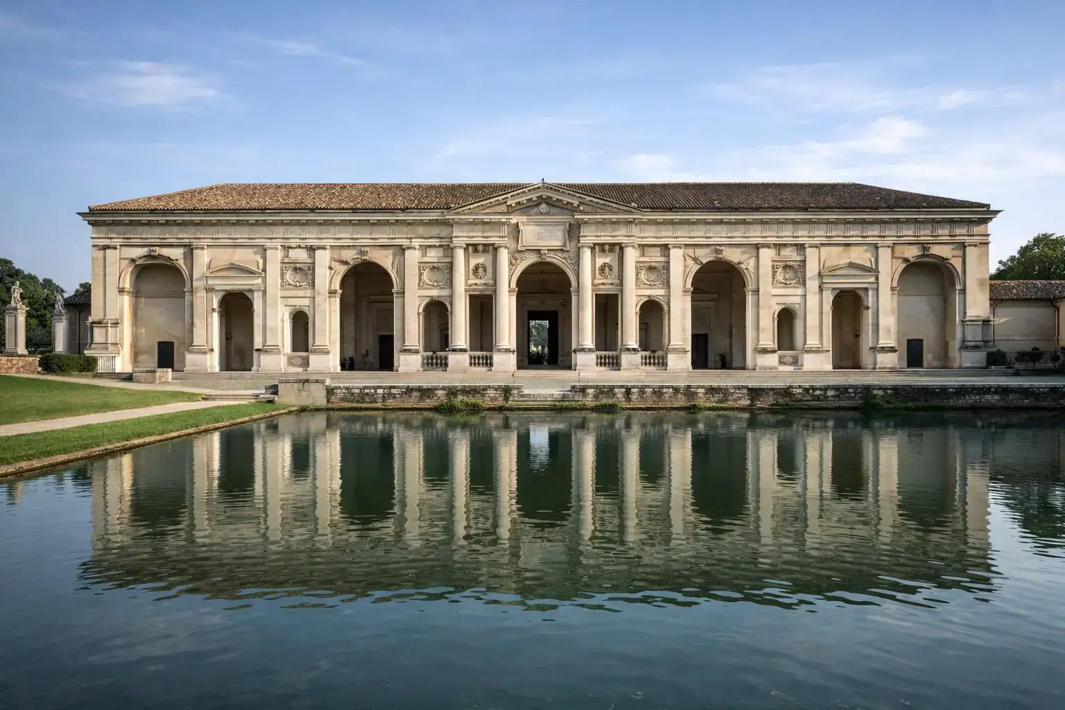 Italian Renaissance palace with a rusticated lower story and evenly spaced arched windows
