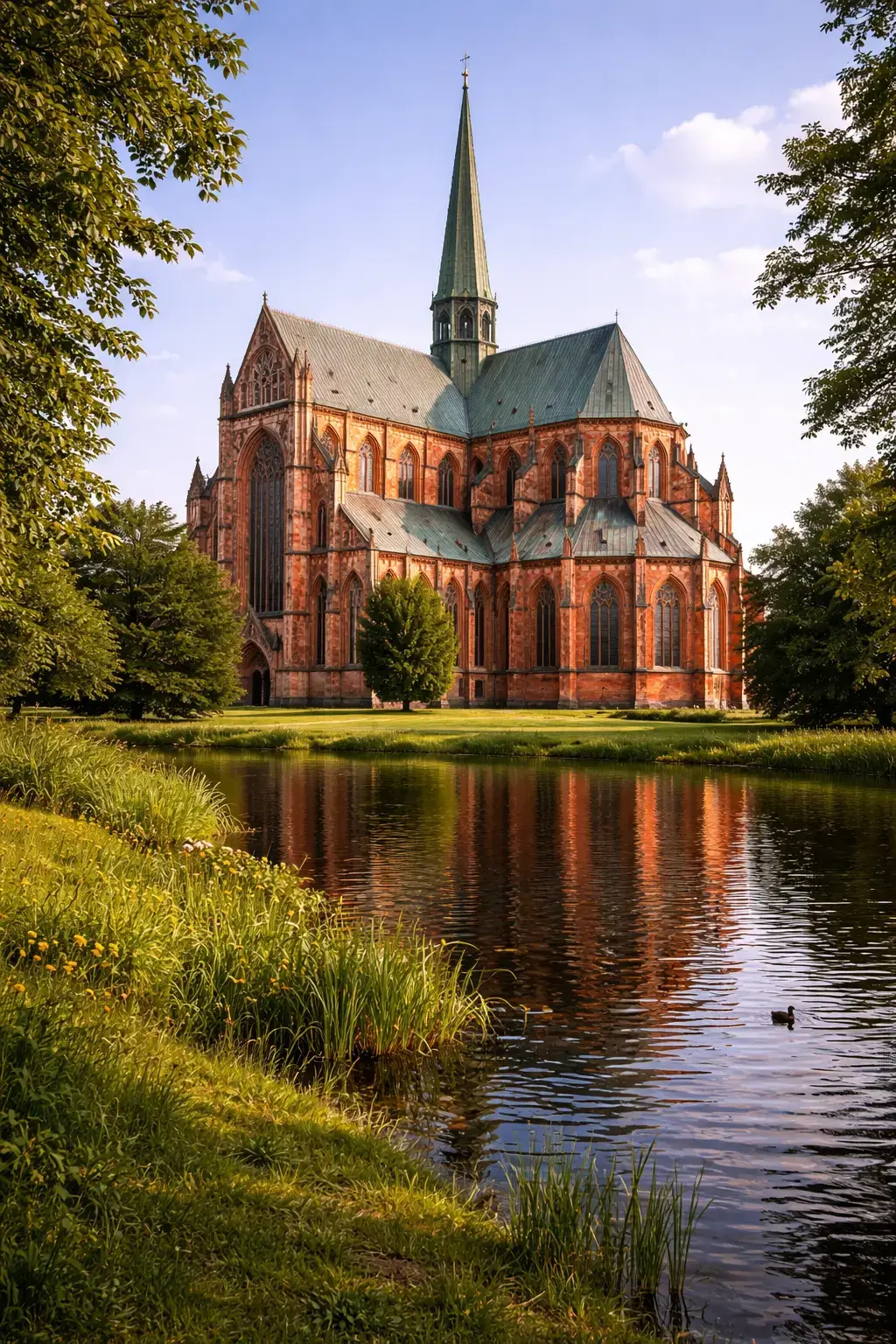 Red brick Gothic church beside a lake with a tall spire, pointed arches, and reflected evening light