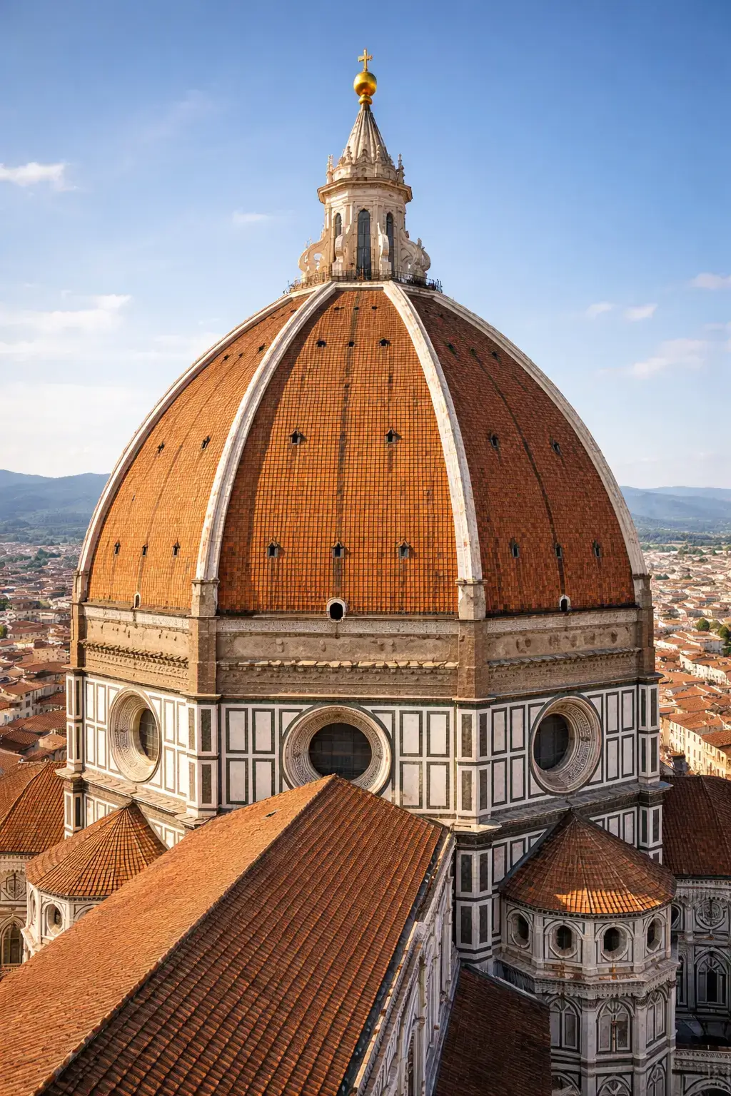 Large terracotta cathedral dome rising above the city as a landmark of Renaissance design